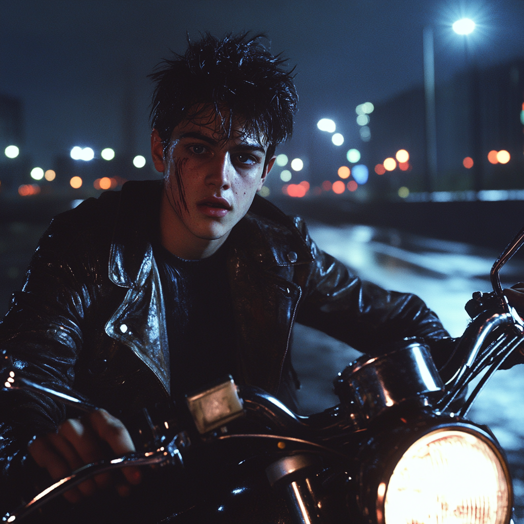 A Teenager on Motorcycle in Urban Night