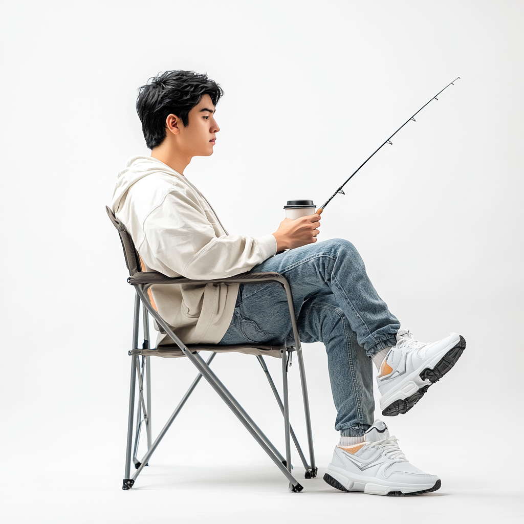 A Thai man fishing with coffee on chair.