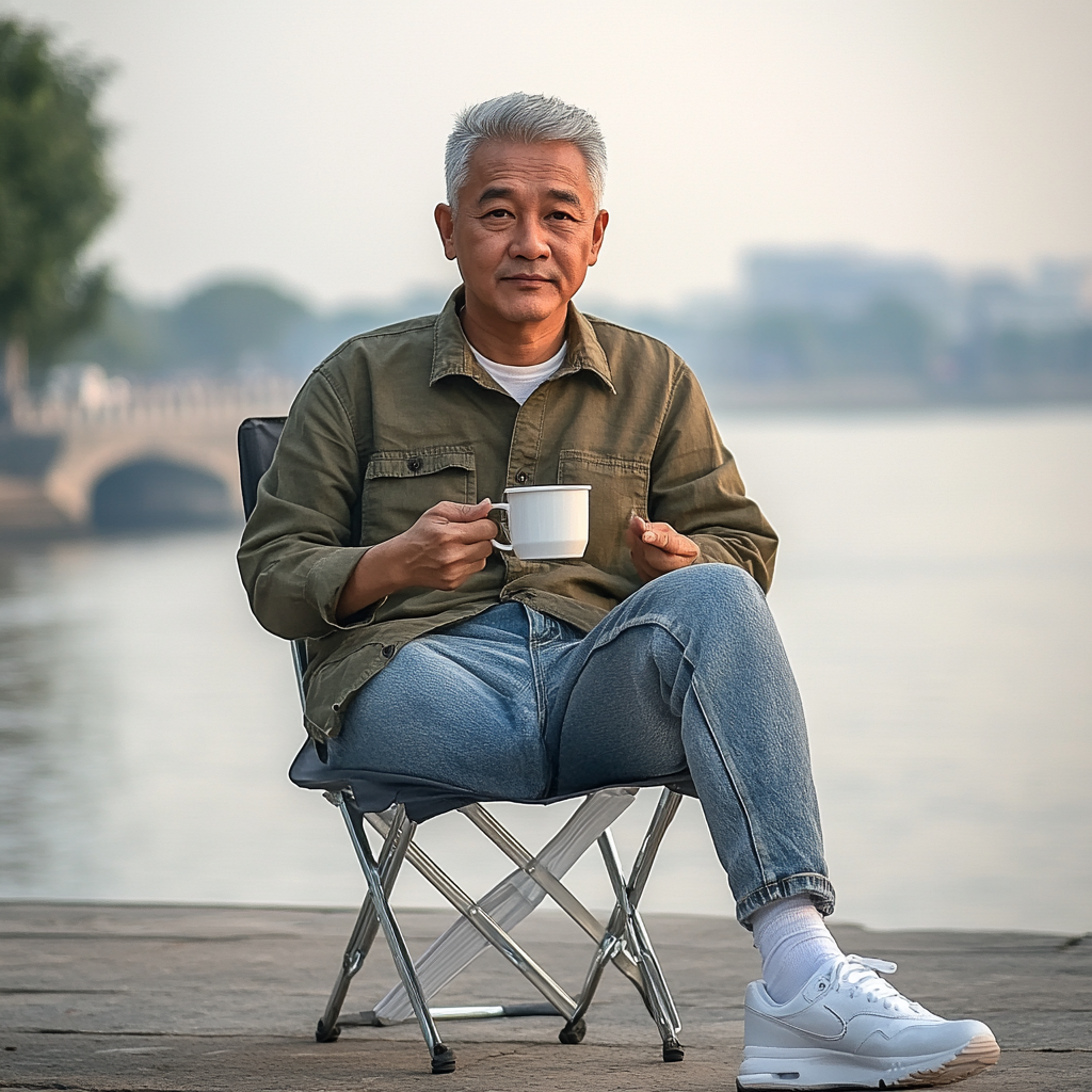 A Thai man sitting by the river drinking coffee.