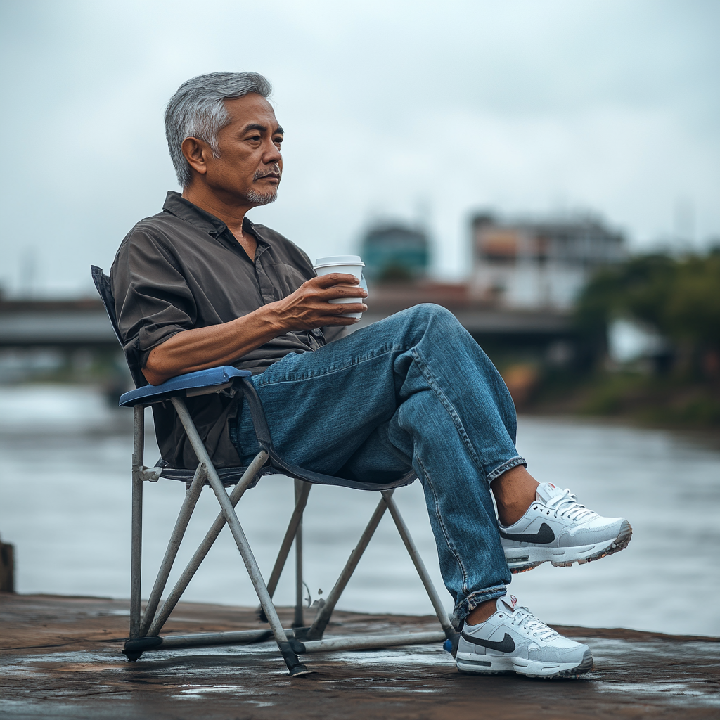 A Thai man sitting on chair fishing calmly.