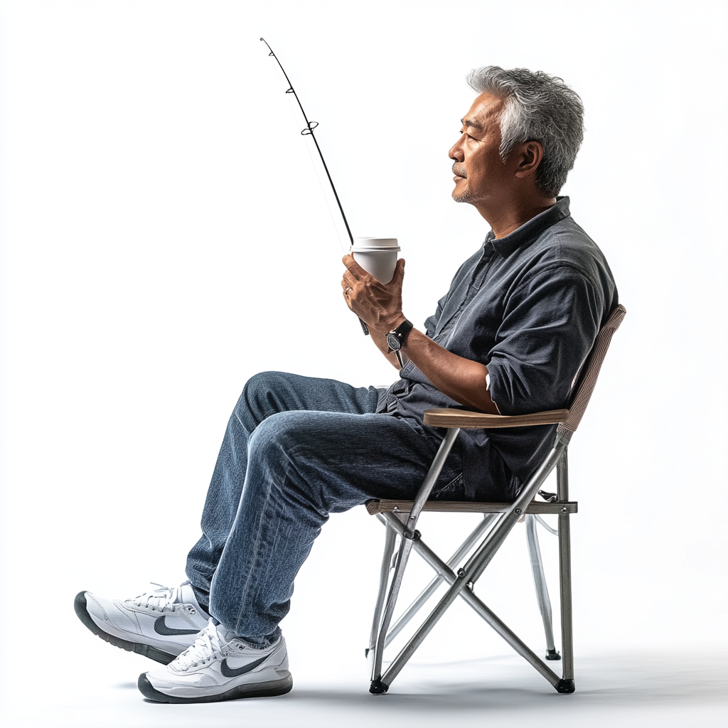 A Thai man sitting with fishing rod.