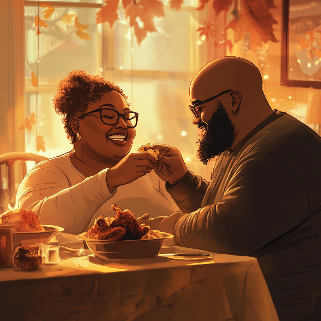 A Thanksgiving Feast: Loving Couple Sharing Meal Together