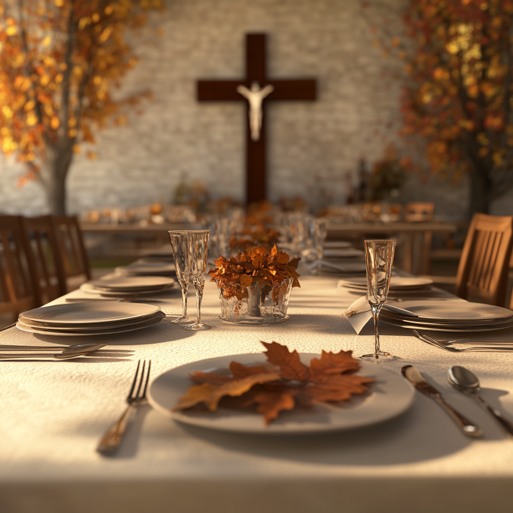 A Thanksgiving table setting with a beautiful cross