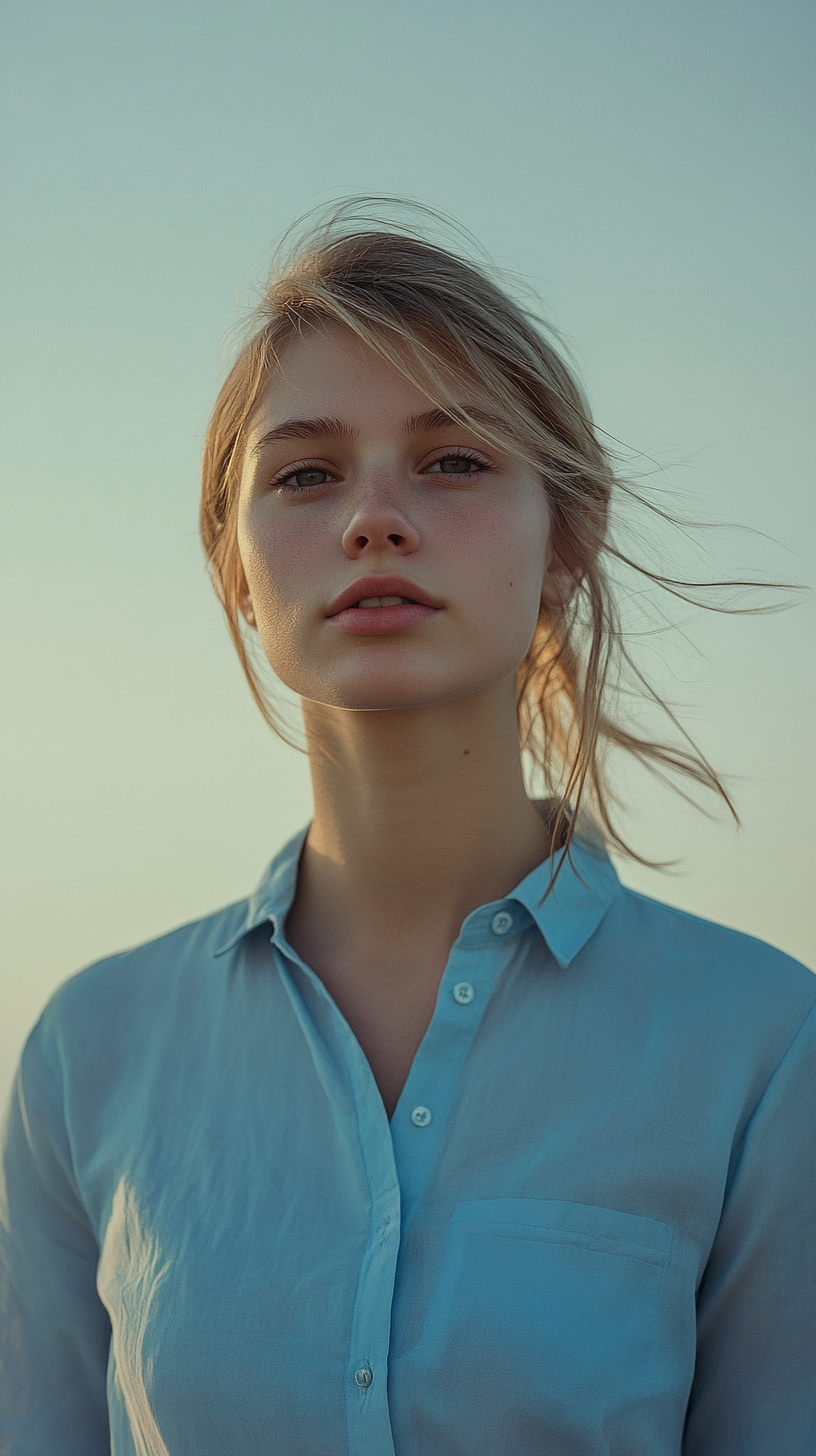 A Thoughtful Woman Walking Outdoors in Blue