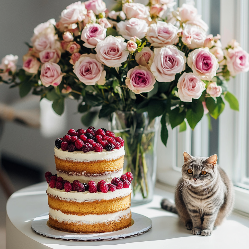 A Three-Tiered Cake with Berries and Roses