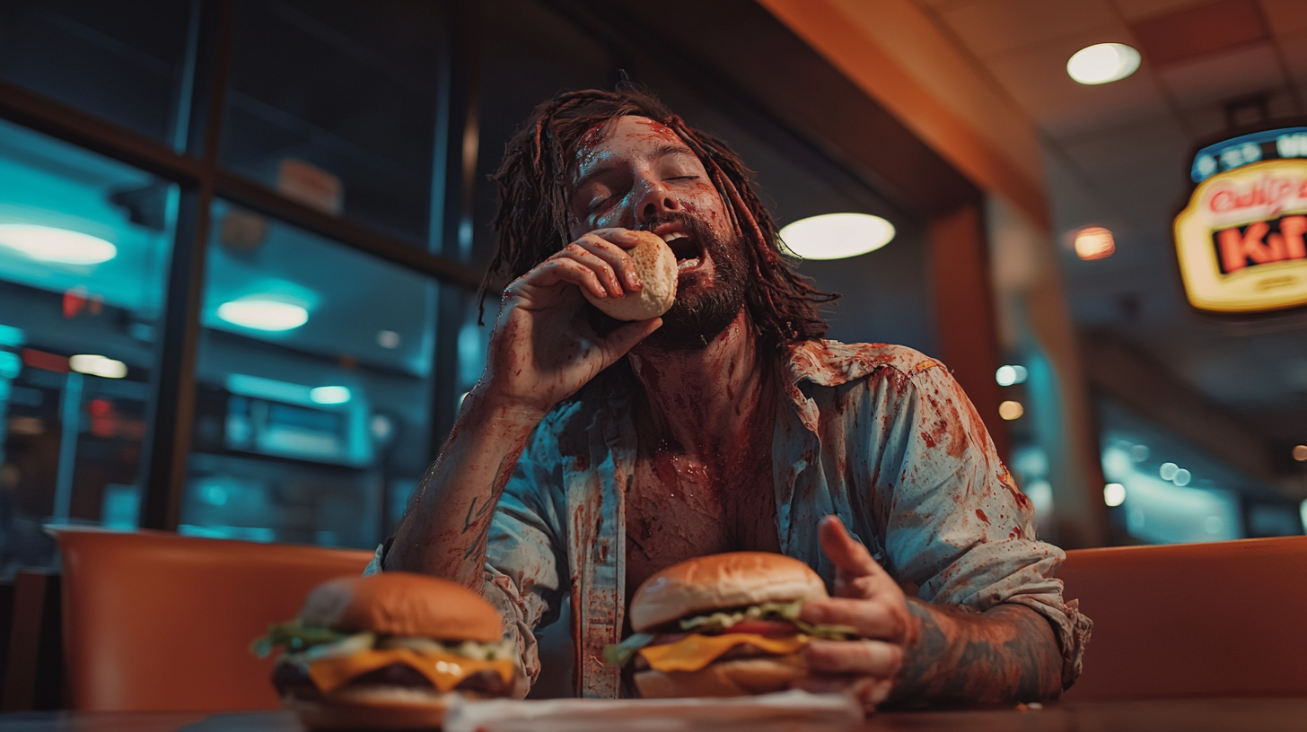 A Tired Pirate Enjoying Fast-Food at Midnight