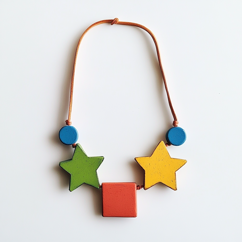 A Toddler's Colorful Shapes Necklace on White Background