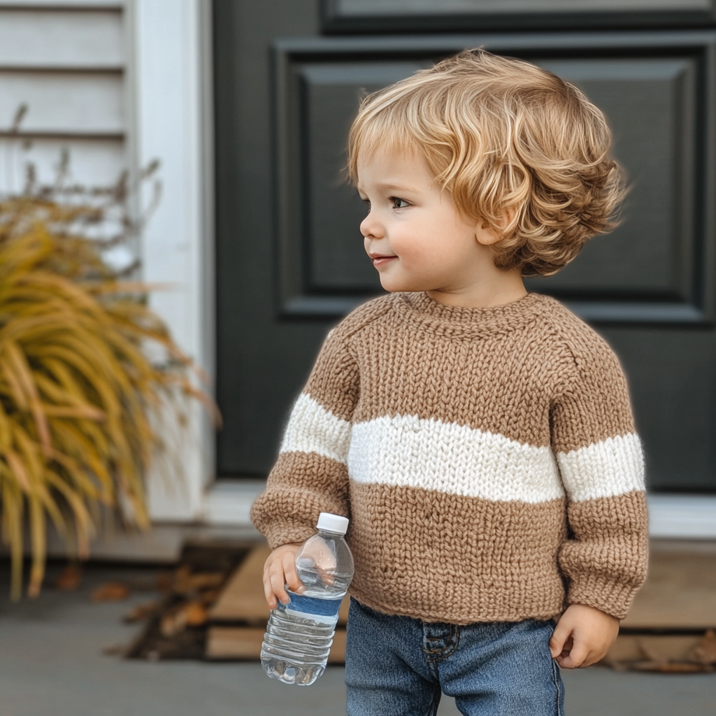 A Toddler Boy in Brown Sweater on Porch