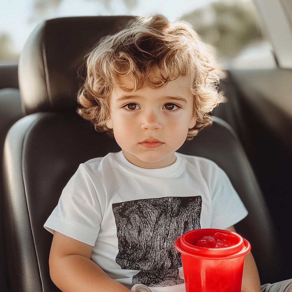 A Toddler Boy with Red Slushie in Car.