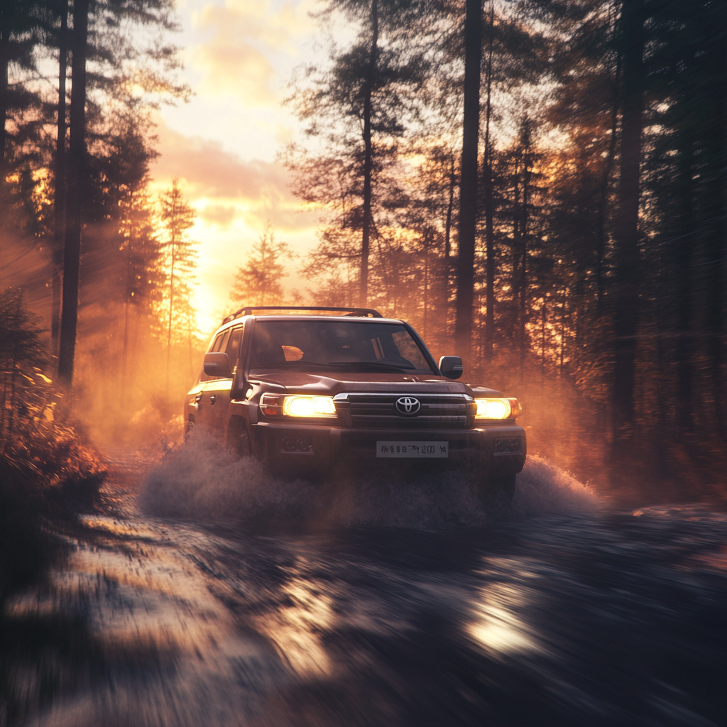 A Toyota Land Cruiser 250 Driving on Forest Road