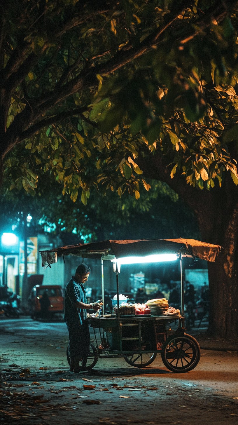 A Traditional Indonesian Seller Under Tree at Night