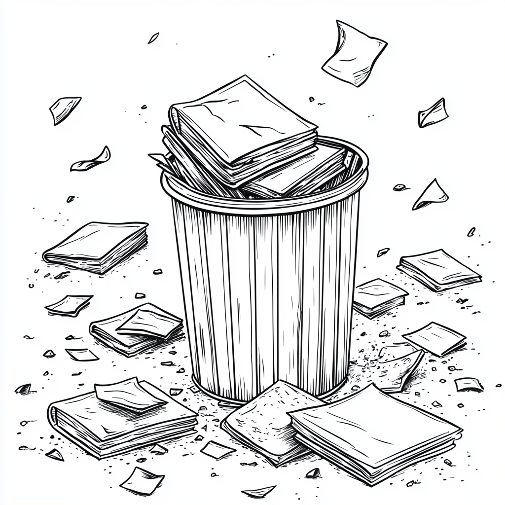 A Trash Can Surrounded by Books and Litter