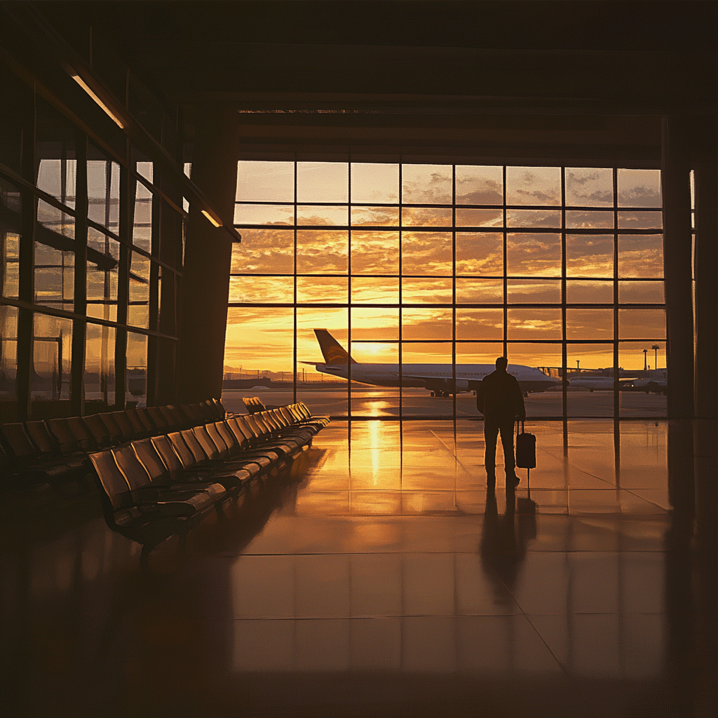 A Traveler in Empty Airport Terminal at Sunrise