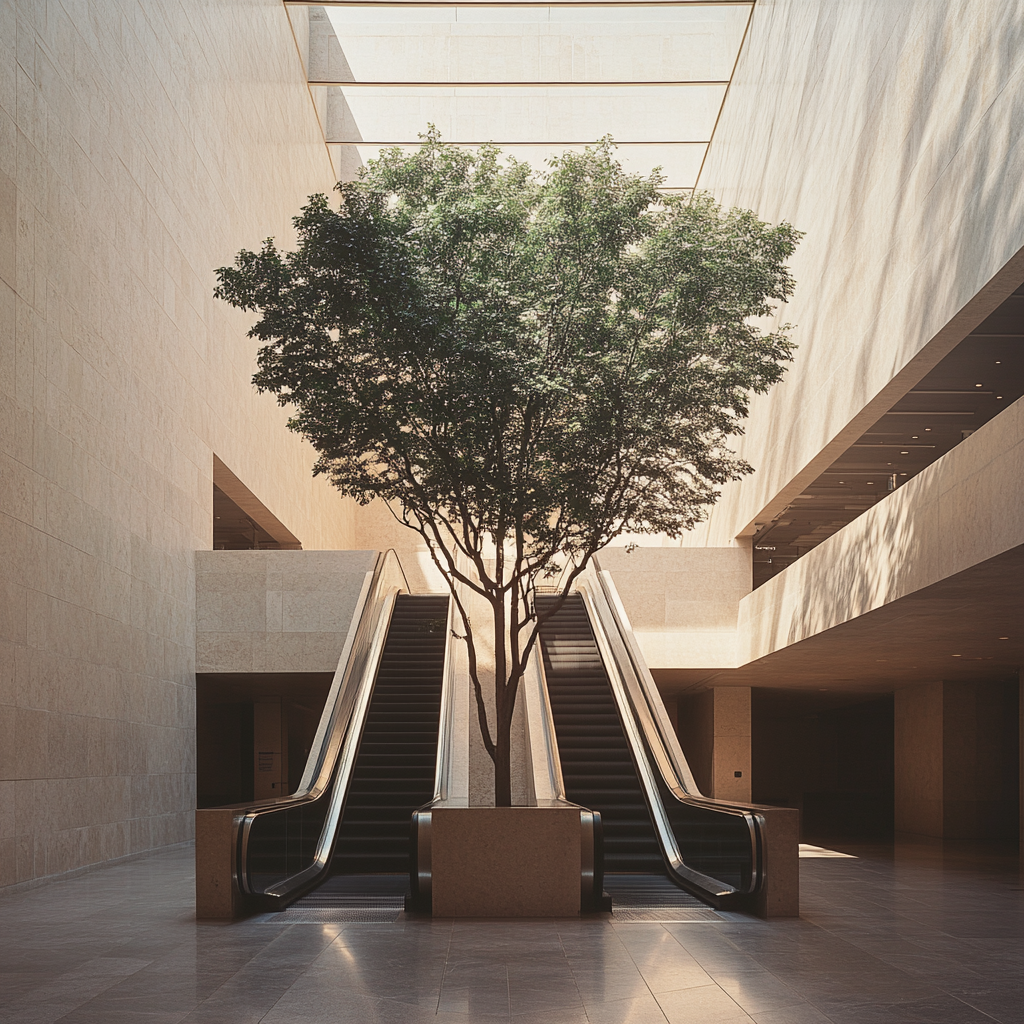 A Tree and Escalator in Art Museum Lobby