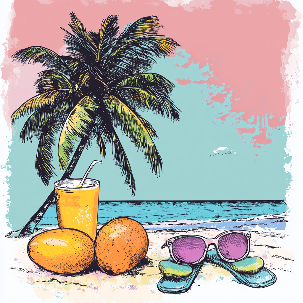 A Tropical Beach Scene with Mangoes and Coconuts