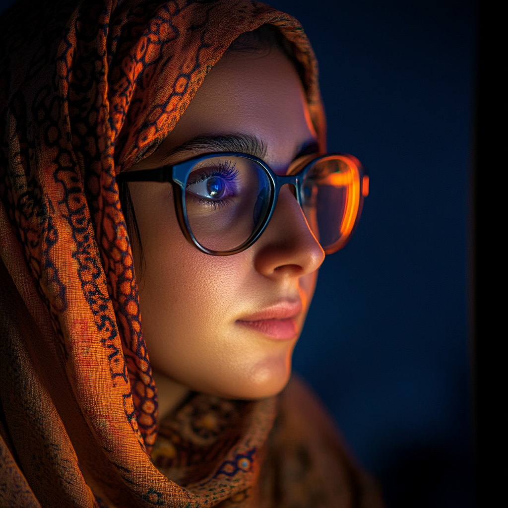 A Tunisian woman working on computer at night.