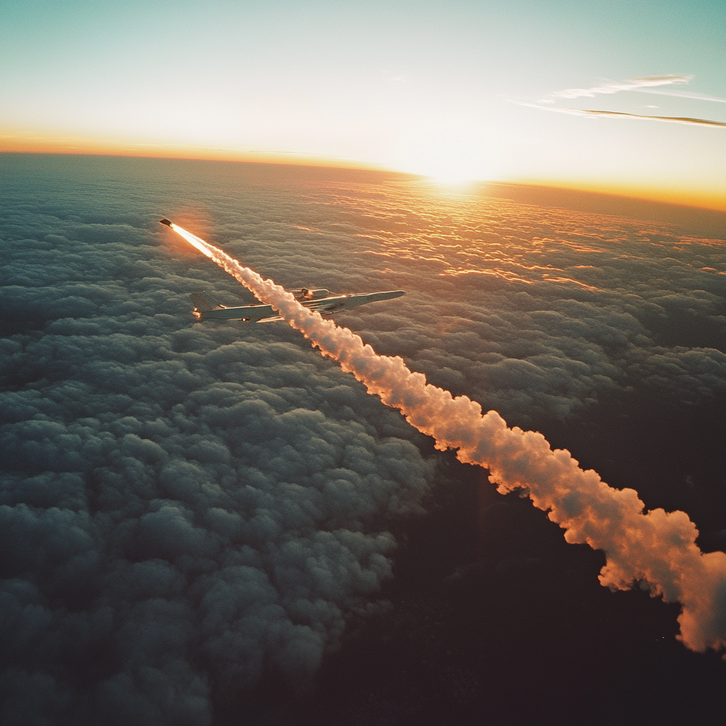 A Turquoise Jet Flying in Sunset Skies.