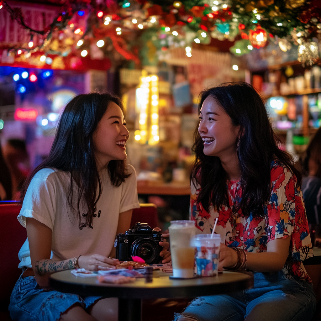 A Vibrant Café with Vivian and Eesha Laughing