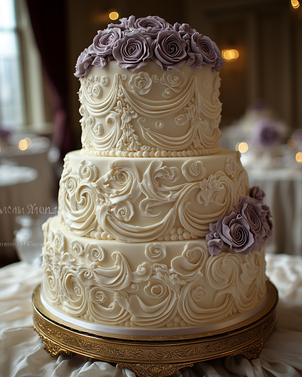 A Victorian-inspired tall wedding cake in purple swirls