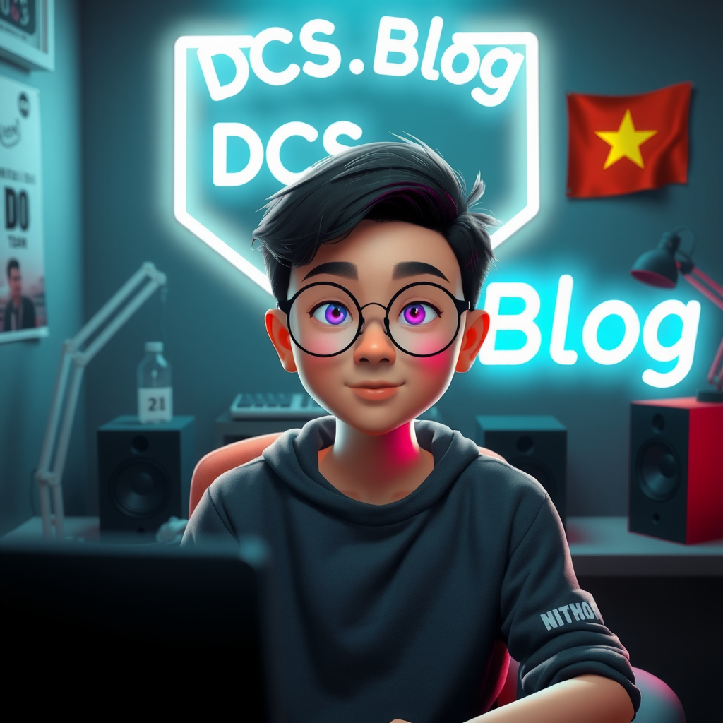 A Vietnam boy with glasses in a coding room.