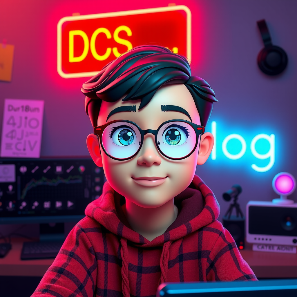 A Vietnamese Boy with Glasses in Neon Room