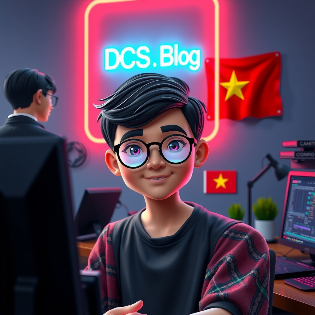 A Vietnamese boy with glasses in tech room