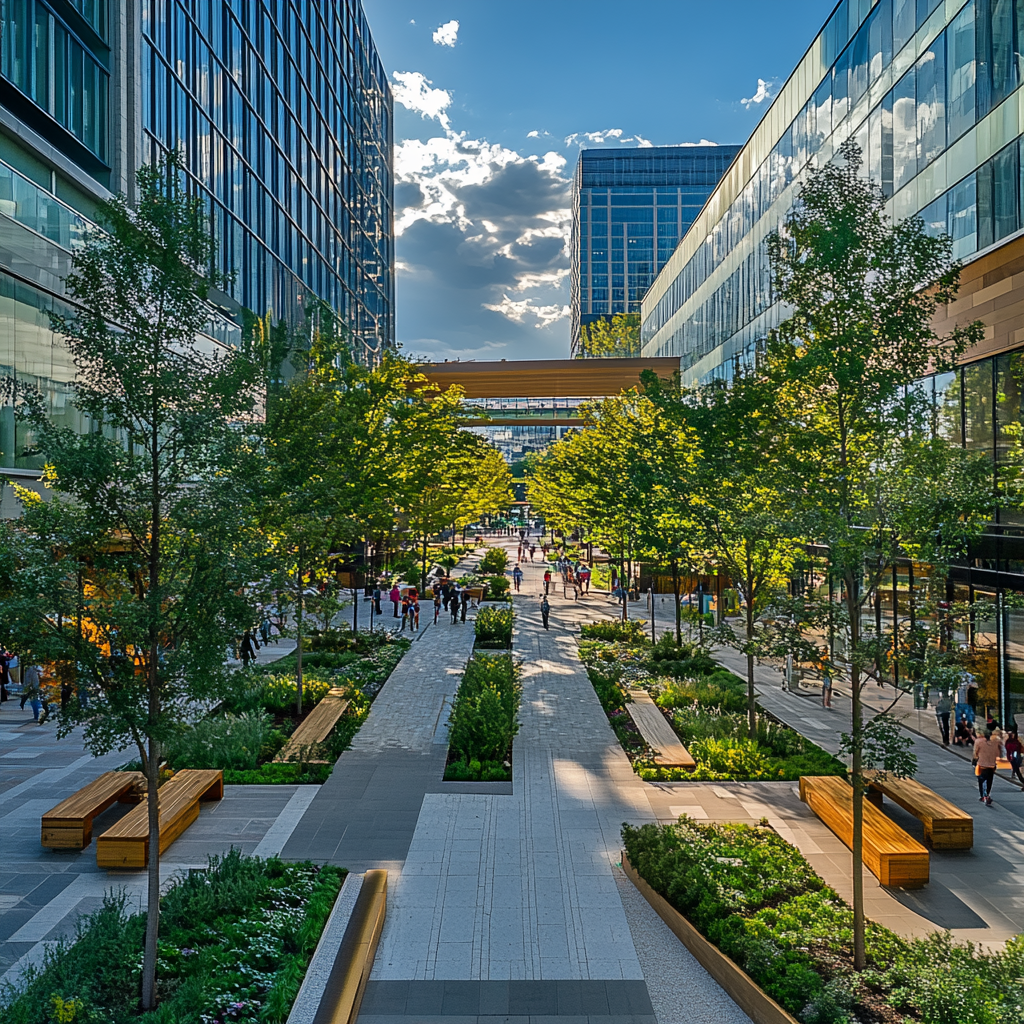 A View of Modern Downtown Garden with Trees and Benches