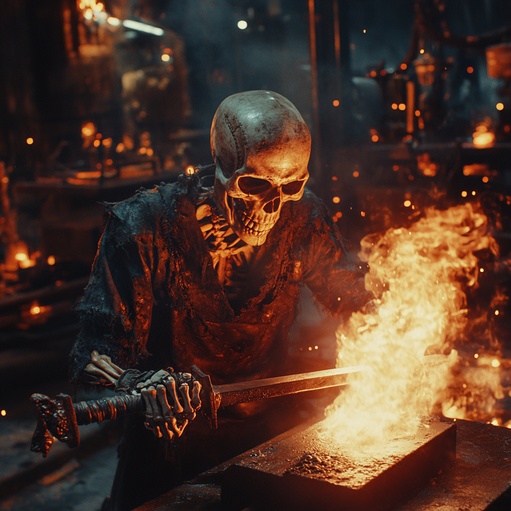 A Viking skeleton blacksmith crafting a flaming sword