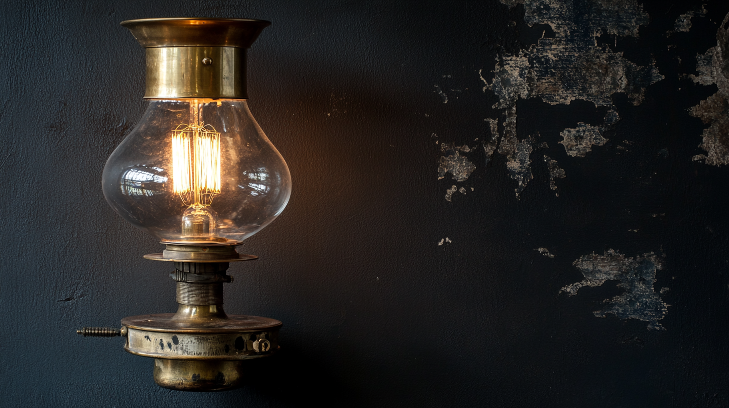 A Vintage Brass Lamp Glowing in Dark Room