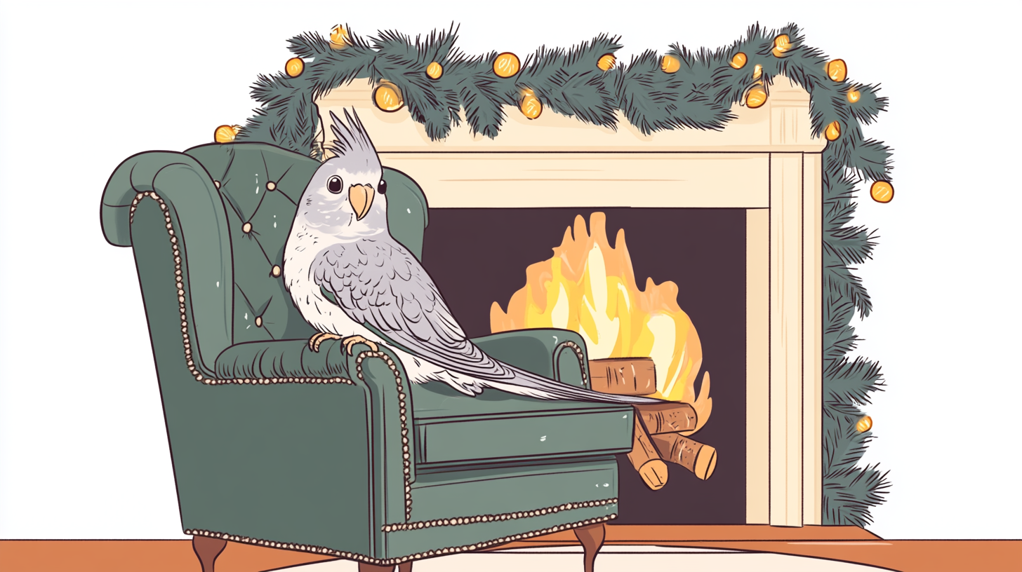 A Vintage Christmas Card with Cockatiel by Fireplace