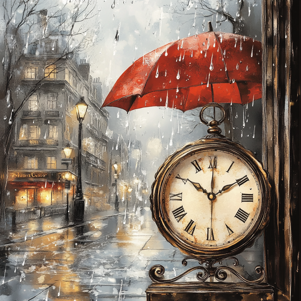 A Vintage Clock in Rainy Cityscape Scene