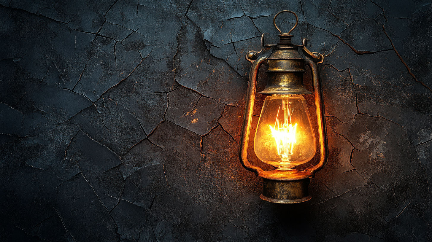 A Vintage Electric Lamp Glowing on Cracked Wall