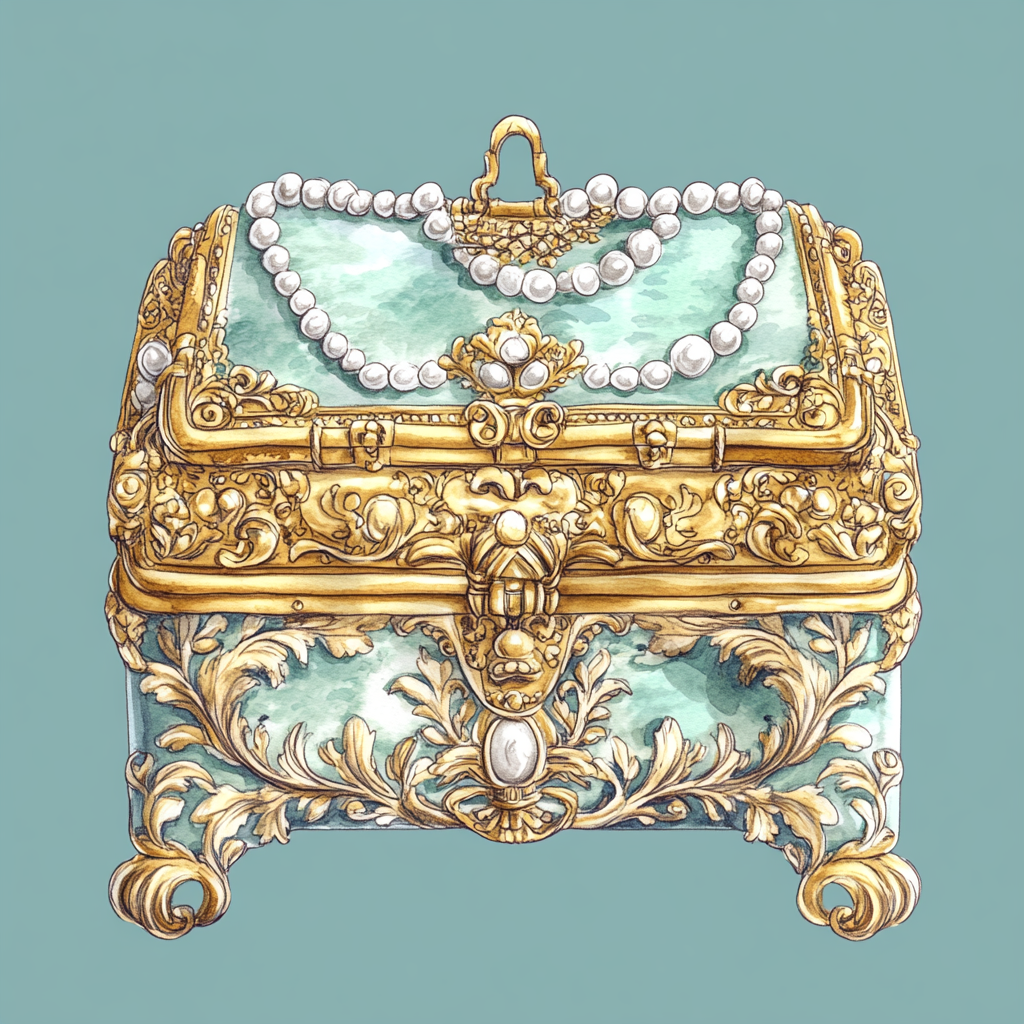 A Vintage Golden Treasure Box with Pearls and Gold