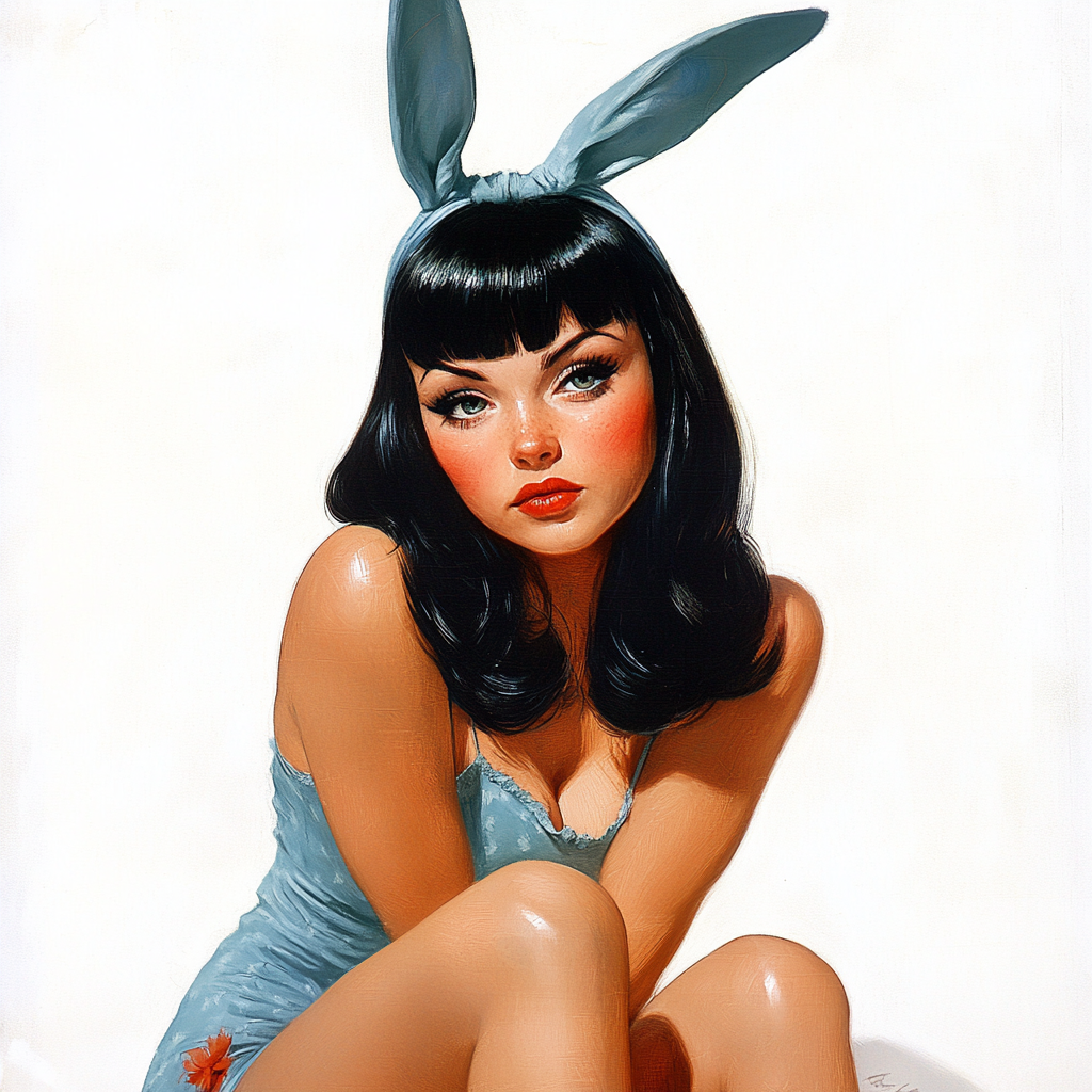 A Vintage Poster Girl with Bunny in Cool Pose