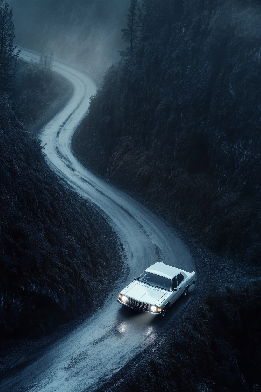 A Vintage Toyota Driving in Foggy Mountains