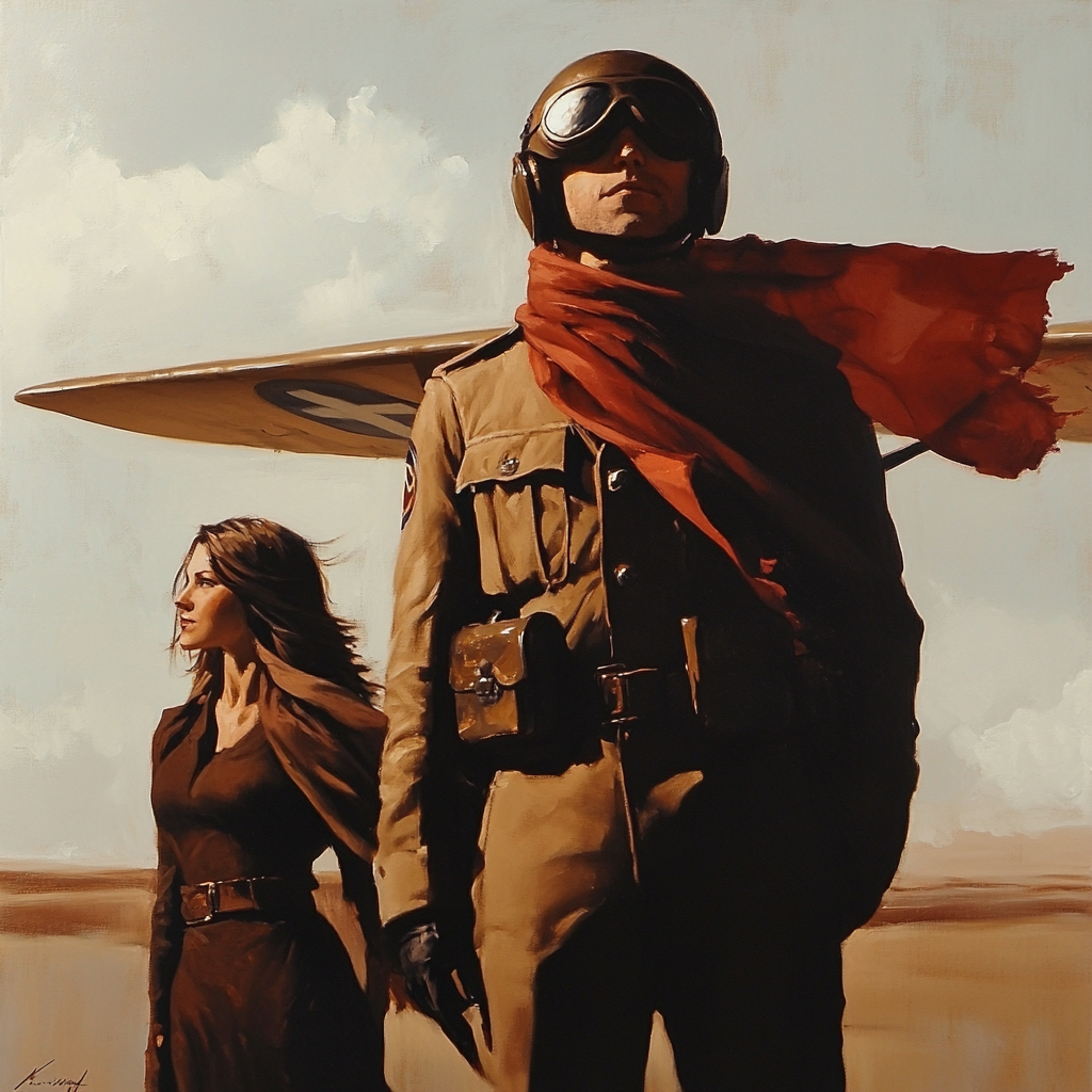 A WW1 pilot by his plane with a woman.