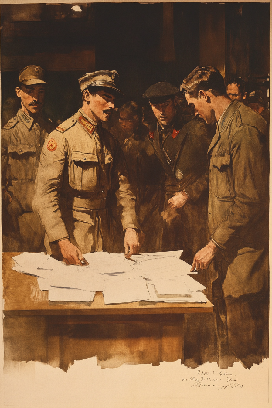 A WWI poster showing men registering for draft.