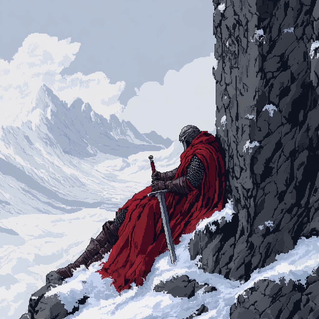 A Warrior Resting in Snowy Mountain with Red Cloak