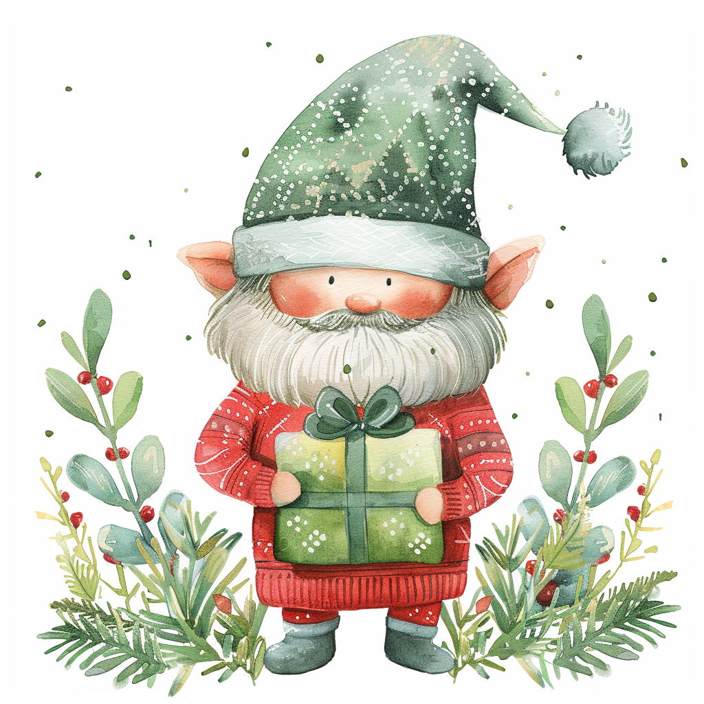 A Watercolor Christmas Gnome Holding Present in Mary Blair Style