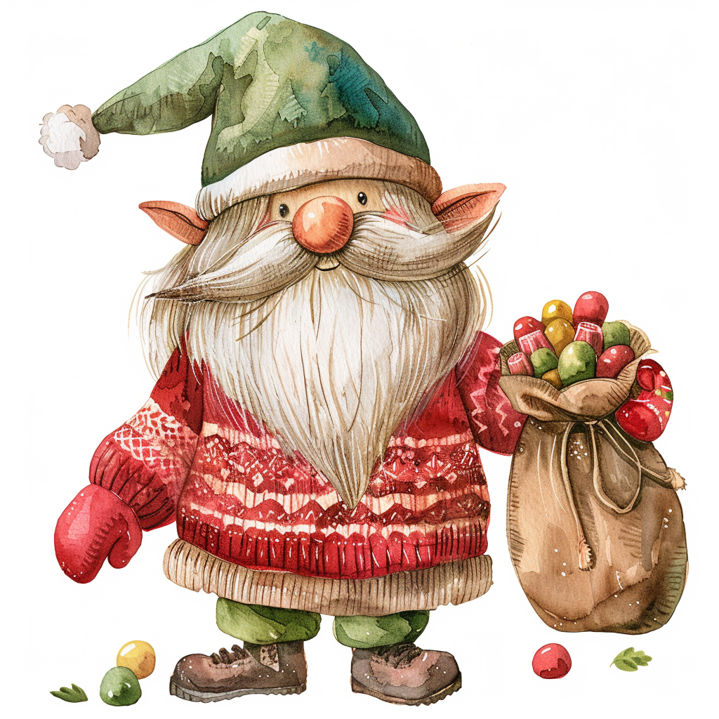 A Watercolor Christmas Gnome with Candy Sack Illustration