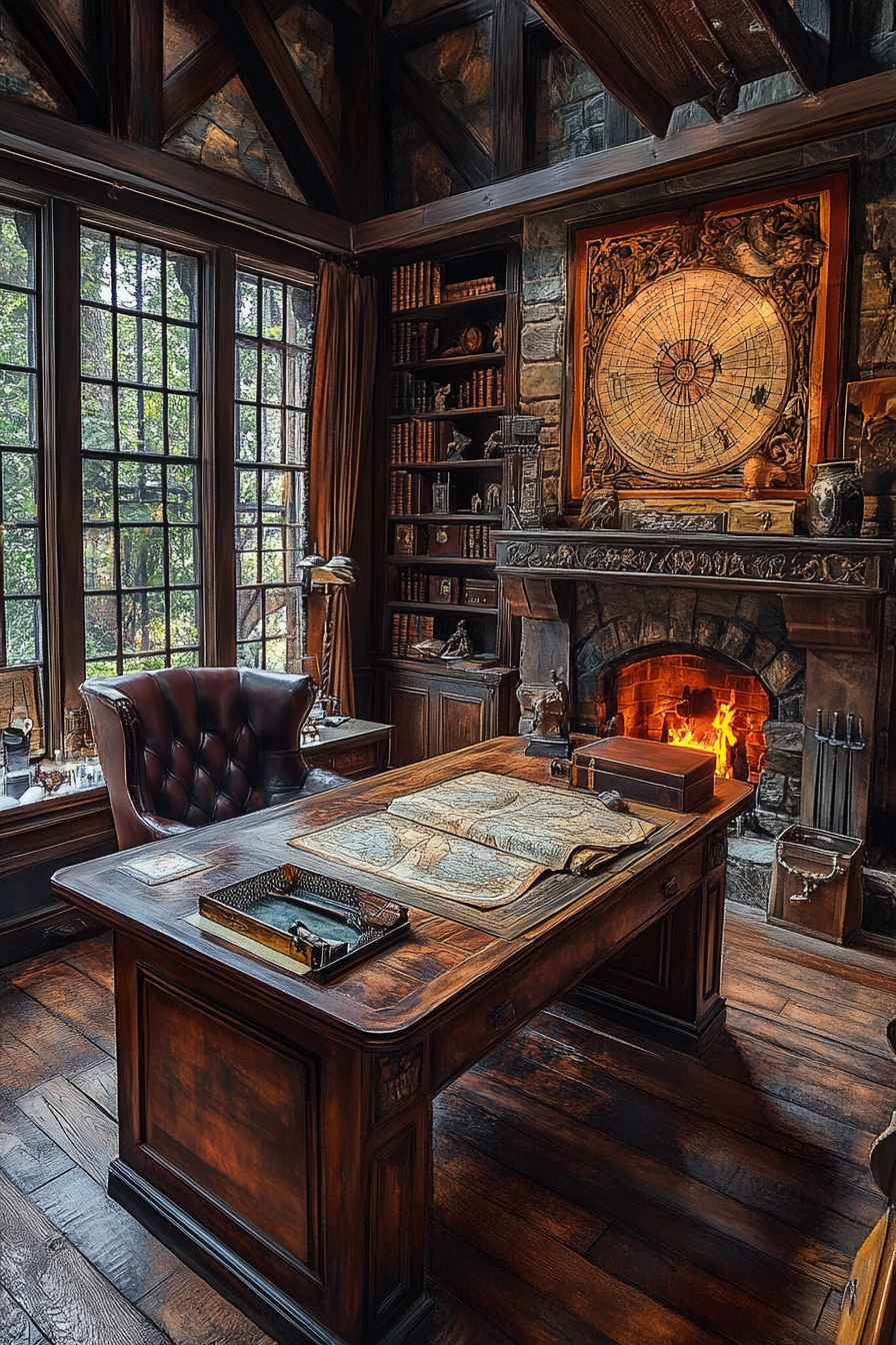 A Western Gothic themed study with ancient relics displayed.