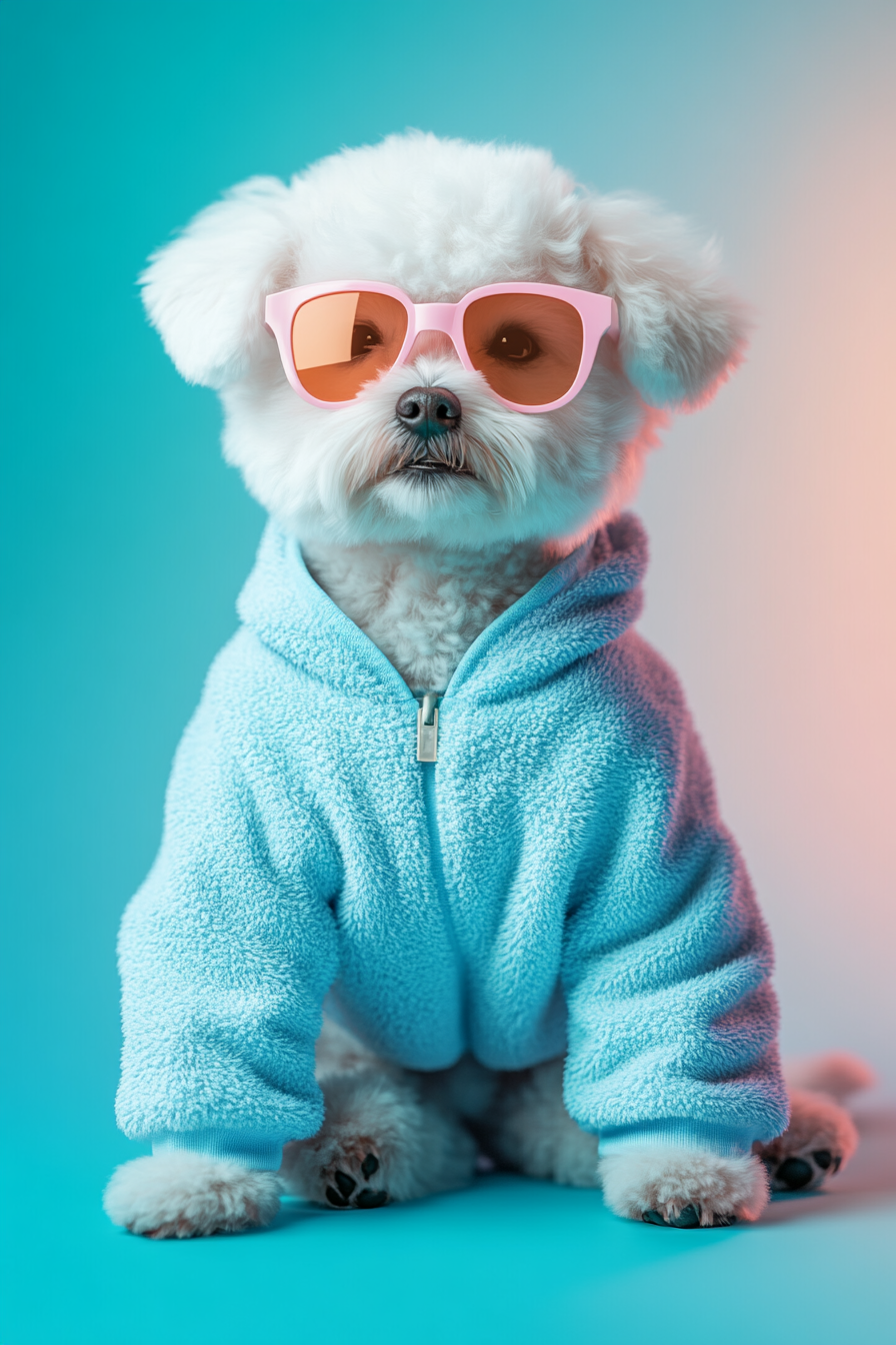 A White Dog in Lilac Tracksuit, Cute Portrait.