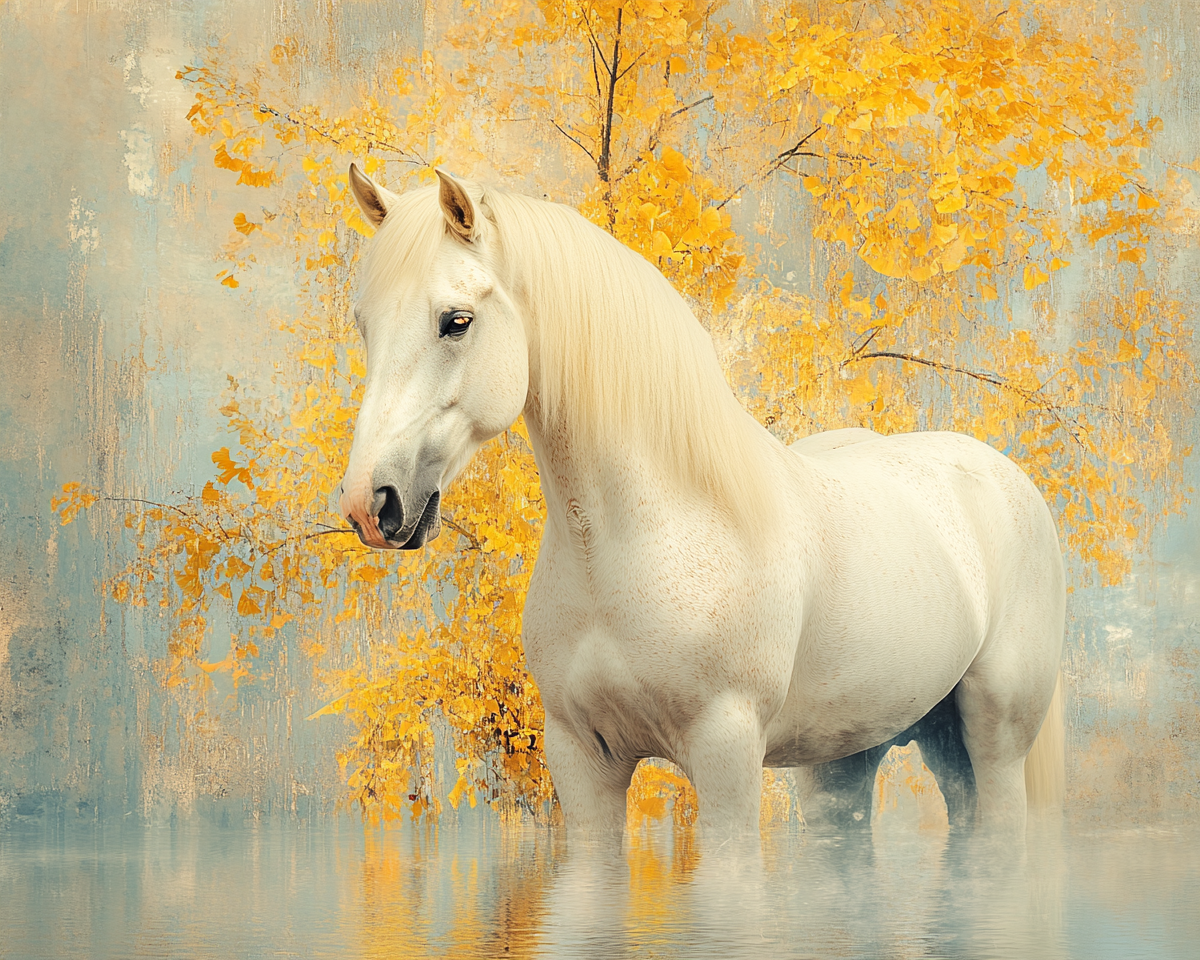 A White Horse by a Magnificent Ginkgo Tree