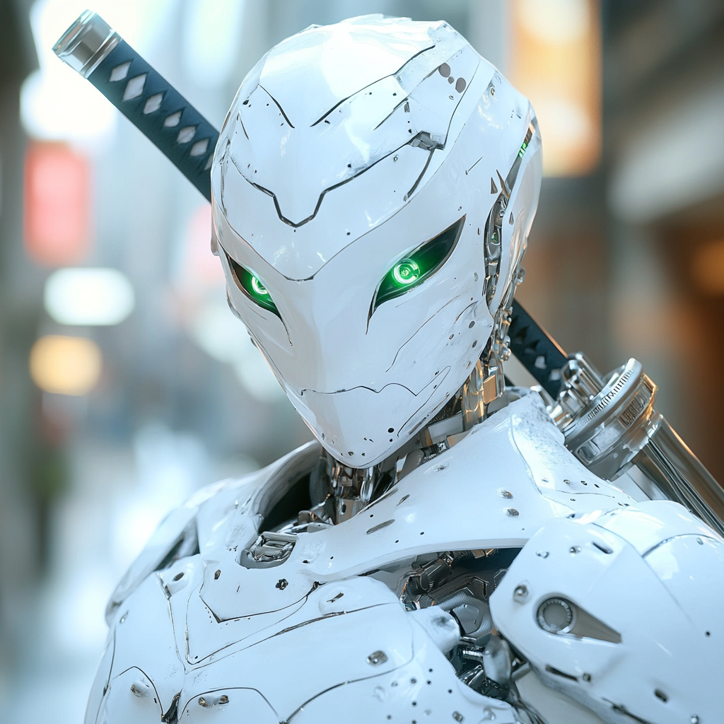 A White Robot Samurai with Emerald Eyes