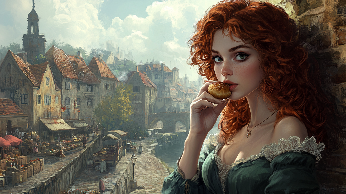 A Wistful Woman in Cobblestone Fantasy Town