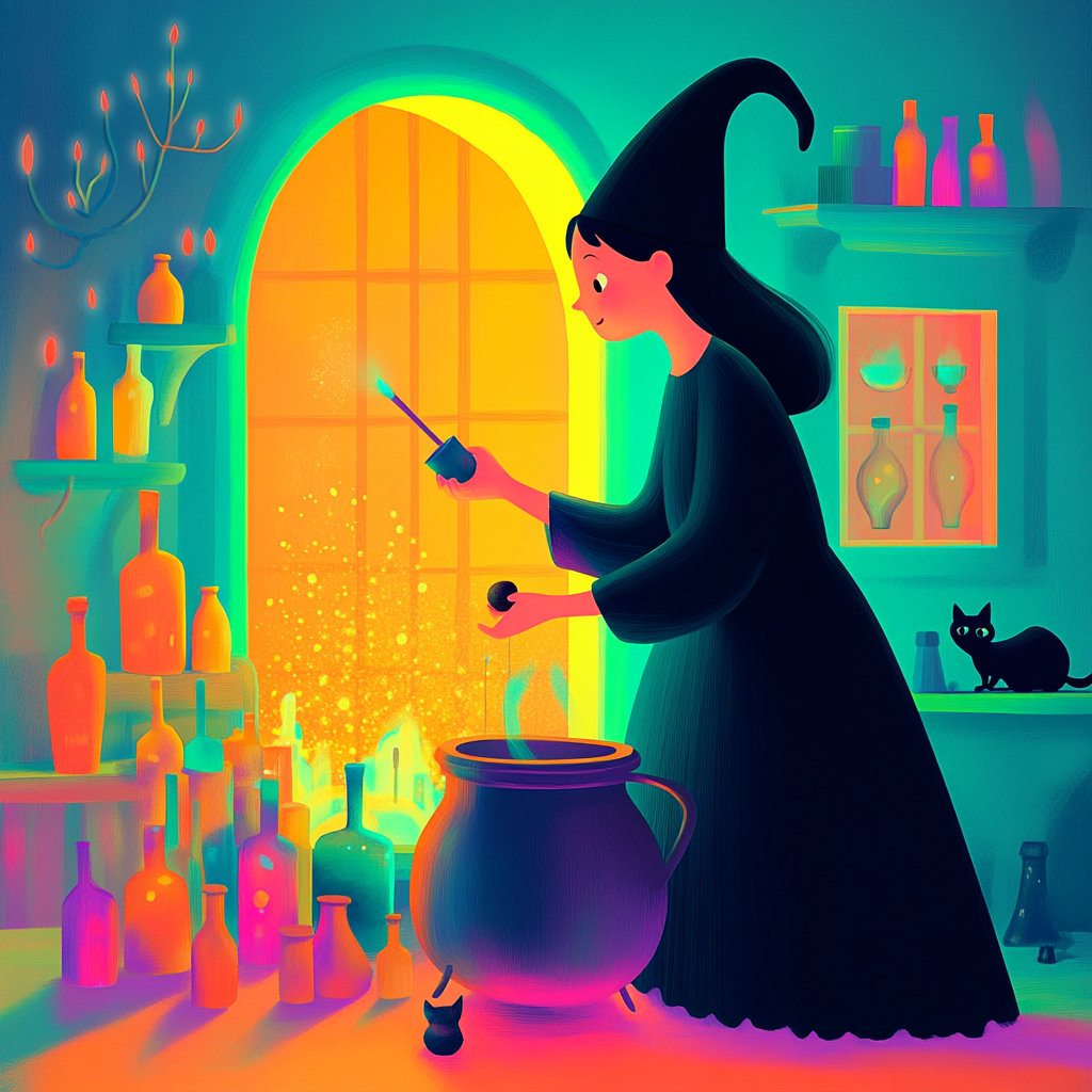 A Witch Mixing Potions in a Magical House.