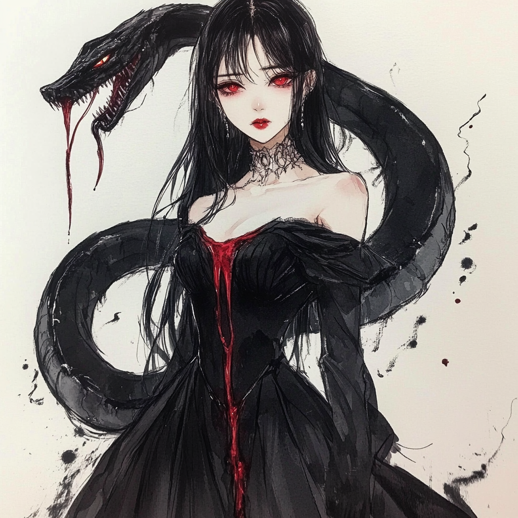 A Witch with Crimson Eyes and Serpent Monster