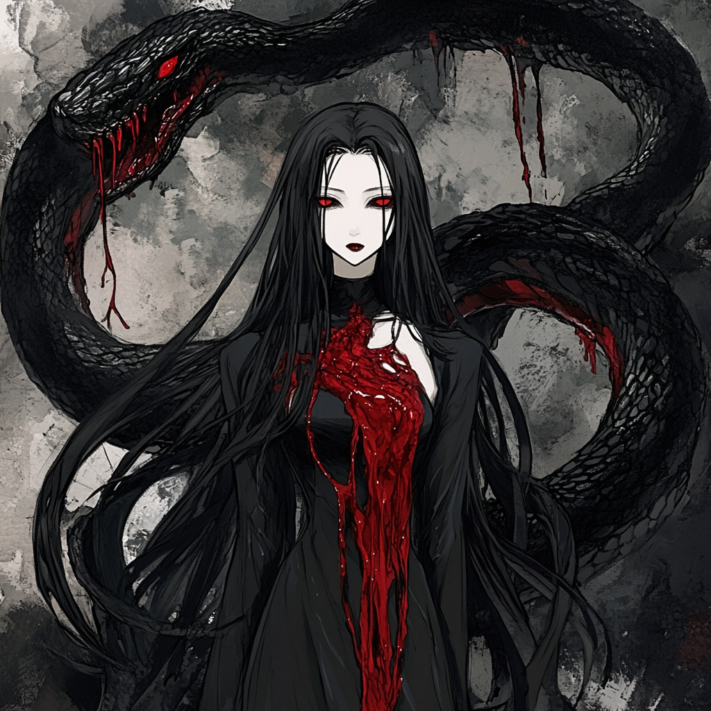 A Witch with Red Eyes and Black Serpent Monster