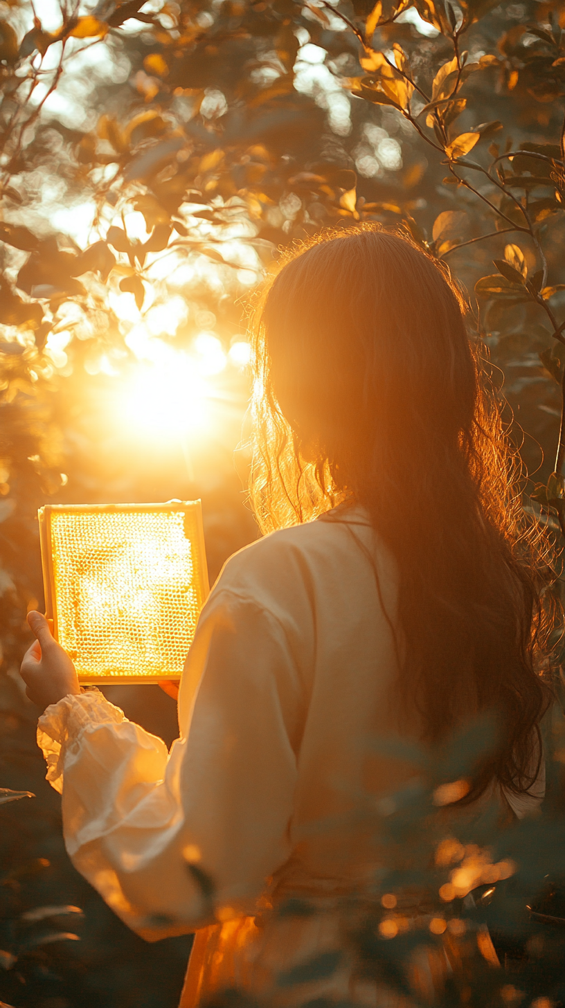 A Woman Beekeeper Examines Honeycomb in Golden Light