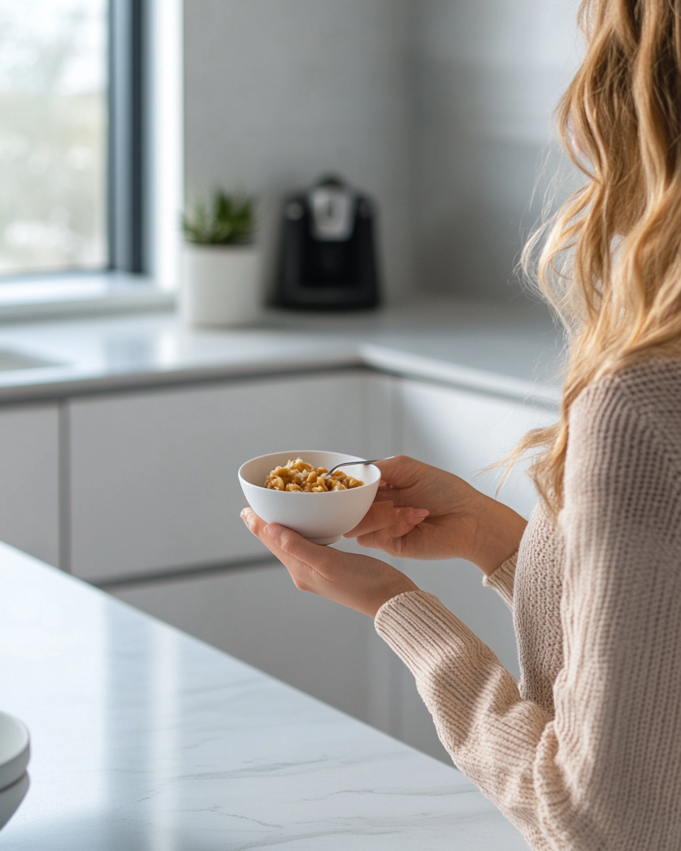 A Woman Eating Dessert in Modern Kitchen